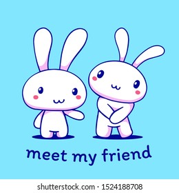 Vector illustration of lovely cartoon couple of white rabbits. Happy little cute bunnies on blue background. Line art style design for greeting card, invitation, tshirt, print, sticker