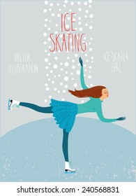 Vector illustration with lovely cartoon ice skater girl on ice rink with snowflake background