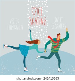 Vector Illustration With Lovely Cartoon Ice Skater Pair On Ice Rink With Snowflake Background