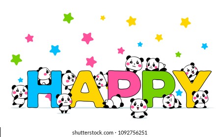 Vector illustration of lovely cartoon many panda with a big bright word on white background with star. Happy little cute panda. Flat line art style hand drawn design for poster, greeting card