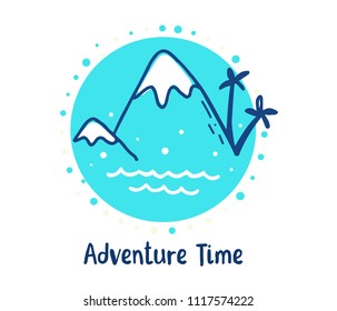 Vector illustration of lovely cartoon mountain with wave in frame on white background with text. Line art style design for web, greeting card, print, tshirt, sticker