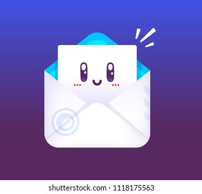 Vector illustration of lovely cartoon open white envelope and letter with face on blue background. Flat style design for web, site, banner