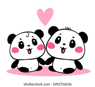 Vector illustration of lovely cartoon panda sit together on white background. Happy romantic little cute panda. Flat line art style hand drawn design for poster, greeting card, tshirt, print, sticker