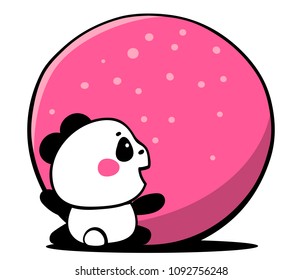 Vector illustration of lovely cartoon panda hug a big pink ball on white background. Happy little cute panda. Flat line art style hand drawn design for poster, greeting card, tshirt, print, sticker