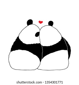 Vector illustration of lovely cartoon panda sitting together on white background. Happy romantic little cute pandas. Drawing by hand sketch design for poster, greeting card, t shirt, print, sticker.