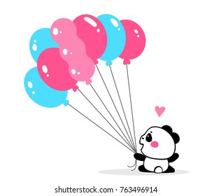 Vector illustration of lovely cartoon panda with bundle of pink and blue color balloons on white background. Happy little cute panda. Flat line art style hand drawn design for poster, greeting card