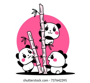 Vector illustration of lovely cartoon pandas eat bamboo branches on white background. Happy cute pandas. Flat line art style design for poster, greeting card, print, tshirt, sticker