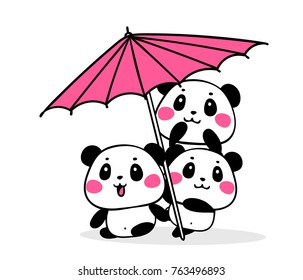 Vector illustration of lovely cartoon pandas with pink color parasol on white background. Happy little cute pandas. Flat line art style hand drawn design for poster, greeting card, tshirt, print, web
