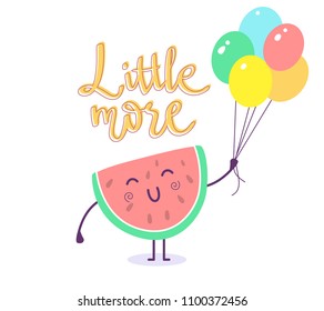 Vector illustration of lovely cartoon piece of watermelon. Character fresh watermelon on white background with air balloon. Flat style design for poster, greeting card, print, tshirt, sticker