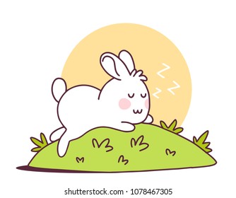 Vector illustration of lovely cartoon rabbit sleeping on green meadow background. Happy little cute bunny. Flat line art style hand drawn design for greeting card, invitation, tshirt, print, sticker