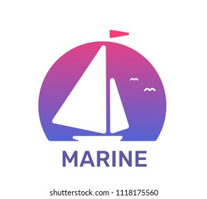 Vector illustration of lovely cartoon sailing ship in frame with text on white background. Flat style design for web, site, banner