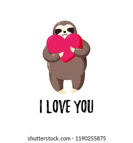 Vector illustration. Lovely cartoon sloth with a heart in his hands. Template for printing, postcards, covers, textiles, clothes