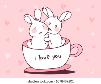 Vector illustration of lovely cartoon two white rabbit on pink background. Two happy little cute bunny hug with heart in cup of coffee. Flat line art style hand drawn design for greeting card, web