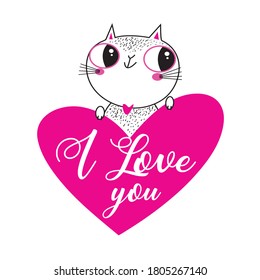 Vector illustration of a lovely cat in love with a heart on a white background. For Valentine's day or for a holiday card or poster.