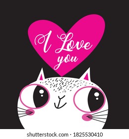 Vector illustration of a lovely cat in love with a heart on a black background. For Valentine's day or for a holiday card or poster.