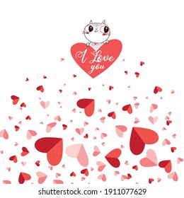 Vector illustration of a lovely cats in love with a heart on a light background. For Valentine's day or for a holiday card or poster.