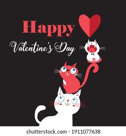 Vector illustration of a lovely cats in love with a heart on a black background. For Valentine's day or for a holiday card or poster