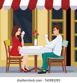 Vector illustration of lovely couple is drinking coffee in a cafe. A man and a woman are sitting at a table outside a restaurant in flat style.