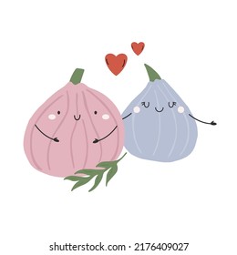 Vector illustration with lovely couple of fig characters. Romantic fruit poster, design