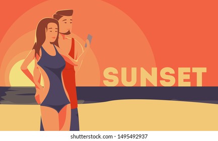 Vector illustration of lovely couple taking photo on beach with sunset background