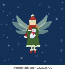 Vector illustration of lovely cute angel holding a snowman doll for Merry Christmas concept