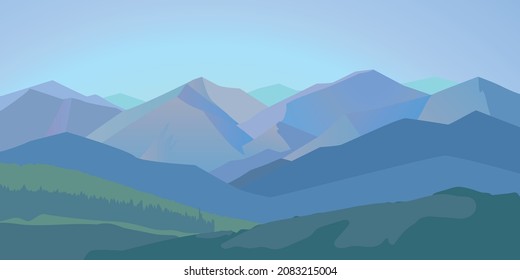 Vector illustration of a lovely dark blue mountain landscape. Sunrise and sunset in the mountains.