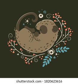 Vector illustration of lovely dormouse mouse in winter sleep. Cute little animal with ach branches an berries. Decorativ Christmas illustration