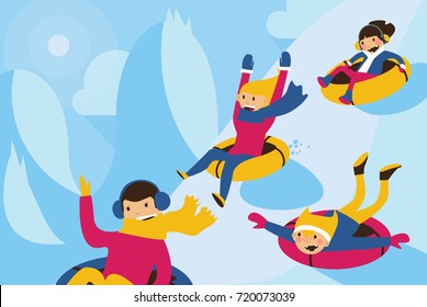 Vector illustration with lovely family tubing down the hill. Winter scene with sun, shadows and happy smiling cartoon characters on tubes