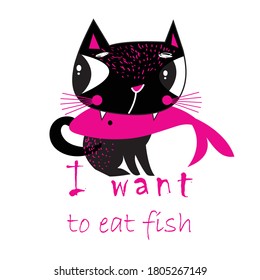 Vector illustration of a lovely funny cat with a fish on a white background. Cat and fish is the food for the cat.