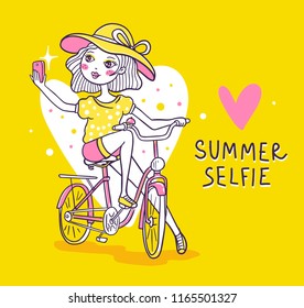 Vector illustration of a lovely girl in a hat on a bicycle taking selfie on the phone on yellow background with pink heart. Hand drawn flat line art style design of beautiful girl for web, site, card