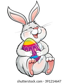 Vector illustration with lovely laughing  bunny holding painted easter egg.