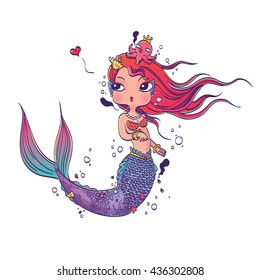 Vector Illustration of a Lovely Mermaid on White Background Hand Drawn, Doodle Cartoon Character  
