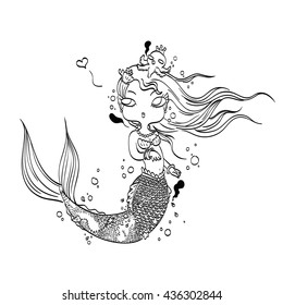 Vector Illustration of a Lovely Mermaid Under the Sea Hand Drawn, Doodle Cartoon Character for Coloring

