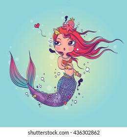 Vector Illustration of a Lovely Mermaid Under the Sea Hand Drawn, Doodle Cartoon Character 
