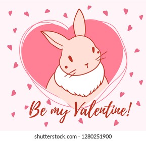 Vector illustration of lovely one rabbit in red heart frame on white background with text. Line art style design for web, site, valentine day greeting card, wedding invitation, banner, poster