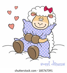 Vector illustration of lovely sheep with bow which hugs the pillow in polka dot pillowcase with white background (can be used as print for pajamas)