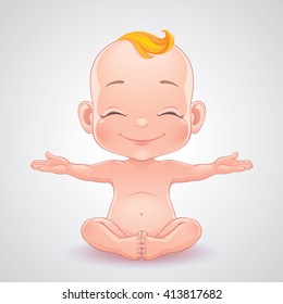 Vector illustration. Lovely smiling baby. He sits with hands wide apart, palms facing up
