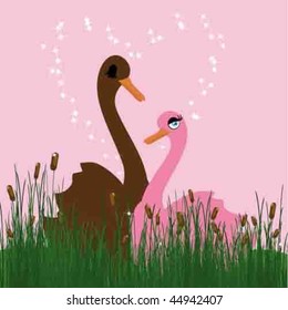 Vector illustration with Lovely swans on a glade