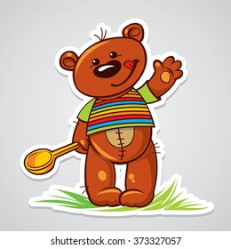 Vector illustration with lovely teddy bear holding a wooden spoon