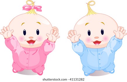 Vector illustration of lovely twins with hands up