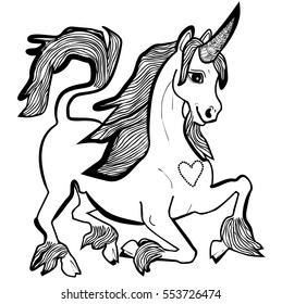 Vector illustration of lovely unicorn black and white