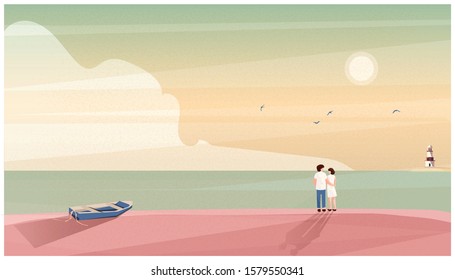 Ilustración vectorial de pareja o amante en la playa en verano de primavera.Imagen minimalista del paisaje escandinavo o nórdico de la costa.Faro, barco de madera en la playa, sol brillante.