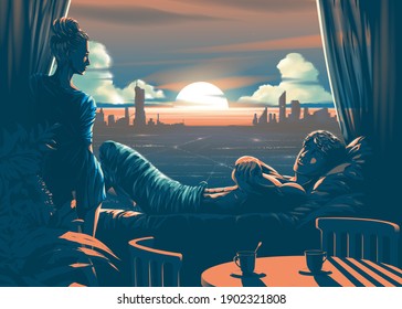 Vector illustration of the lover inside the room with a beautiful sunset in the evening and the silhouette of the city in the background