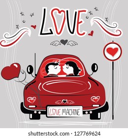 vector illustration of  lovers  in the car