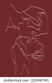 Vector illustration of lovers, on a red background, love, kiss, couple in love, Valentine's Day card. Drawing with one line
