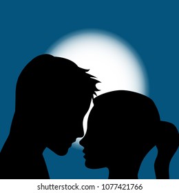 Vector illustration lovers. Silhouette of man and woman with moon. Background
