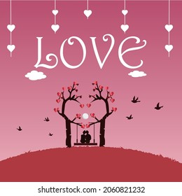 Vector illustration of lovers swinging under the love tree with paper art style for Valentine's Festival.