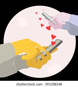 Vector illustration of lovers who send sms messages across the moon