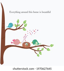 Vector illustration of Loving Birds Family on a tree with eggs in nest