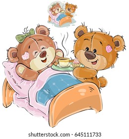 Vector illustration of a loving brown teddy bear brought a tray with breakfast and his girlfriend lying in bed. Print, template, design element